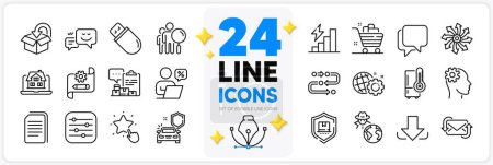 Illustration for Icons set of Methodology, Versatile and Fraud line icons pack for app with Car secure, Engineering, Usb stick thin outline icon. Happy emotion, Refresh mail, Talk bubble pictogram. Vector - Royalty Free Image
