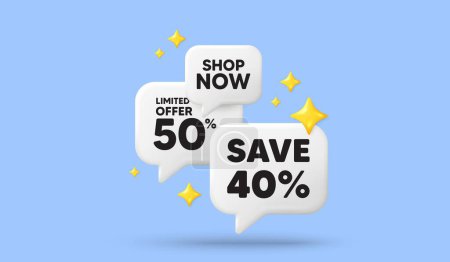 Illustration for Save 40 percent off tag. 3d offer chat speech bubbles. Sale Discount offer price sign. Special offer symbol. Discount speech bubble 3d message. Talk box stars banner. Vector - Royalty Free Image