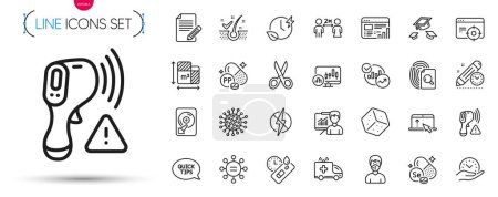 Illustration for Pack of Cut, Electronic thermometer and Floor plan line icons. Include Antistatic, Throw hats, Selenium mineral pictogram icons. Medical mask, Article, Project deadline signs. Dice. Vector - Royalty Free Image