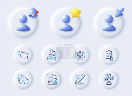 Illustration for Phone search, Vr and Messenger line icons. Placeholder with 3d cursor, bell, star. Pack of Edit, Winner ribbon, Chemistry lab icon. Quiz test, Clipboard pictogram. For web app, printing. Vector - Royalty Free Image