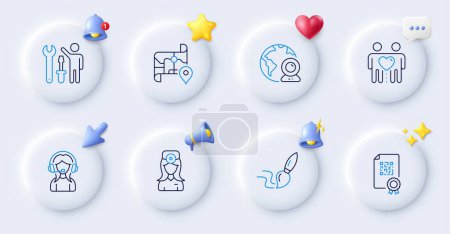 Illustration for Video conference, Repairman and Map line icons. Buttons with 3d bell, chat speech, cursor. Pack of Brush, Friends couple, Support icon. Qr code, Oculist doctor pictogram. For web app, printing. Vector - Royalty Free Image