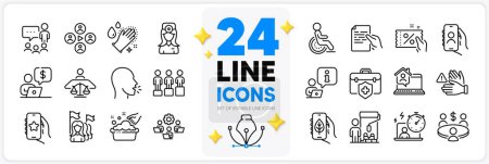 Illustration for Icons set of Favorite app, Washing hands and Discount coupon line icons pack for app with Hold document, Meeting, Timer thin outline icon. Ecology app, Video conference, Interview pictogram. Vector - Royalty Free Image