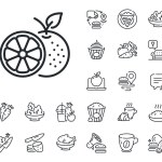 Fruit food sign. Crepe, sweet popcorn and salad outline icons. Orange line icon. Diet nutrition symbol. Orange line sign. Pasta spaghetti, fresh juice icon. Supply chain. Vector