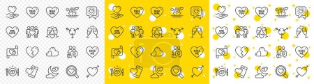 Illustration for Outline Romantic dinner, Search love and Kiss me line icons pack for web with Honeymoon cruise, Dating chat, Genders line icon. Friends chat, Love letter, Nice girl pictogram icon. Care. Vector - Royalty Free Image
