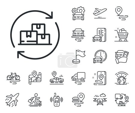 Illustration for Package location sign. Plane, supply chain and place location outline icons. Delivery change line icon. Tracking parcel symbol. Delivery change line sign. Taxi transport, rent a bike icon. Vector - Royalty Free Image