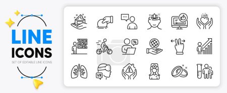 Illustration for Skin care, House protection and Donate line icons set for app include Hold heart, Business skill, Safe planet outline thin icon. Augmented reality, Cyclist, Medical analyzes pictogram icon. Vector - Royalty Free Image