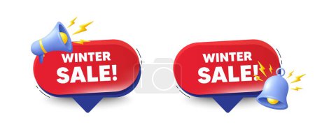 Illustration for Winter Sale tag. Speech bubbles with 3d bell, megaphone. Special offer price sign. Advertising Discounts symbol. Winter sale chat speech message. Red offer talk box. Vector - Royalty Free Image