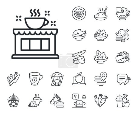 Illustration for Cafe house sign. Crepe, sweet popcorn and salad outline icons. Coffee shop line icon. Tea drink cup symbol. Coffee shop line sign. Pasta spaghetti, fresh juice icon. Supply chain. Vector - Royalty Free Image