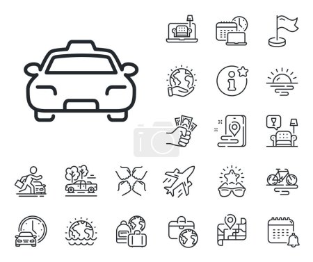 Illustration for Client transportation sign. Plane jet, travel map and baggage claim outline icons. Taxi line icon. Passengers car symbol. Taxi line sign. Car rental, taxi transport icon. Place location. Vector - Royalty Free Image