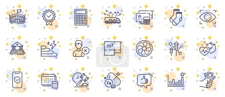 Illustration for Outline set of Court building, Phone protection and Auction hammer line icons for web app. Include Fireworks rocket, Certificate, Like pictogram icons. Socks, Arena, Calculator signs. Vector - Royalty Free Image