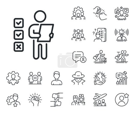Illustration for Vote checklist sign. Specialist, doctor and job competition outline icons. Voting ballot paper line icon. Public election symbol. Voting ballot line sign. Avatar placeholder, spy headshot icon. Vector - Royalty Free Image
