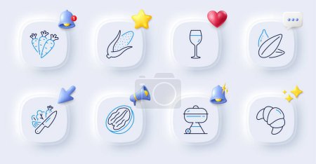 Illustration for Vegetable, Croissant and Grill line icons. Buttons with 3d bell, chat speech, cursor. Pack of Wine glass, Sunflower seed, Carrots icon. Corn, Pecan nut pictogram. For web app, printing. Vector - Royalty Free Image