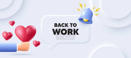 Illustration for Back to work tag. Neumorphic background with speech bubble. Job offer. End of vacation slogan. Back to work speech message. Banner with 3d hearts. Vector - Royalty Free Image
