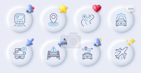 Illustration for Road, Car service and Warning road line icons. Buttons with 3d bell, chat speech, cursor. Pack of Journey, Location, Plane icon. Bus parking, Metro pictogram. For web app, printing. Vector - Royalty Free Image
