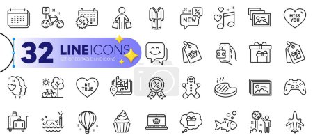 Illustration for Outline set of Gps, Sale tag and Air balloon line icons for web with Gamepad, Puzzle game, Discount thin icon. Online shopping, Miss you, Coupons pictogram icon. Be true, Gift dream, Buyer. Vector - Royalty Free Image