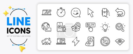 Illustration for Seo laptop, Energy and Buying line icons set for app include Stop talking, Phone video, Fitness outline thin icon. Timer, 360 degrees, Cursor pictogram icon. Internet pay, Internet app. Vector - Royalty Free Image