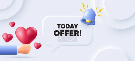 Illustration for Today offer tag. Neumorphic background with speech bubble. Special sale price sign. Advertising discounts symbol. Today offer speech message. Banner with 3d hearts. Vector - Royalty Free Image