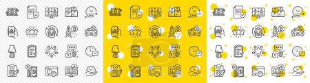 Illustration for Outline Biometric security, Safe time and Bitcoin project line icons pack for web with Table lamp, Approved checklist, Teamwork line icon. Certificate, Food app, Star pictogram icon. Vector - Royalty Free Image
