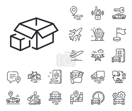 Illustration for Delivery parcel sign. Plane, supply chain and place location outline icons. Box line icon. Packing boxes symbol. Packing boxes line sign. Taxi transport, rent a bike icon. Travel map. Vector - Royalty Free Image