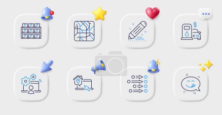 Illustration for Boxes shelf, Order and Brand contract line icons. Buttons with 3d bell, chat speech, cursor. Pack of Filling station, Metro map, Online job icon. Work home, Yummy smile pictogram. Vector - Royalty Free Image