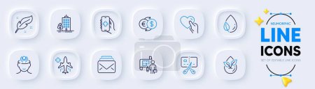Illustration for Stress, Medical flight and Organic product line icons for web app. Pack of Money exchange, Health app, Hold heart pictogram icons. Mail, Bankrupt, Leaf dew signs. Feather. Neumorphic buttons. Vector - Royalty Free Image
