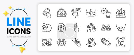 Illustration for Voting hands, Delivery man and Lawyer line icons set for app include People communication, Checkbox, Swipe up outline thin icon. Social distance, Touchscreen gesture, Bid offer pictogram icon. Vector - Royalty Free Image