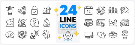Illustration for Icons set of Discounts calendar, Passenger and Heart line icons pack for app with Equality, Incubator, Lock thin outline icon. Annual calendar, Mute, Money box pictogram. Design with 3d stars. Vector - Royalty Free Image