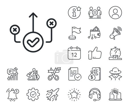 Illustration for Approved path sign. Salaryman, gender equality and alert bell outline icons. Correct way line icon. Right decision symbol. Correct way line sign. Spy or profile placeholder icon. Vector - Royalty Free Image