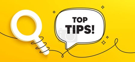 Illustration for Top tips tag. Continuous line chat banner. Education faq sign. Best help assistance. Top tips speech bubble message. Wrapped 3d search icon. Vector - Royalty Free Image
