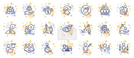 Illustration for Outline set of Business meeting, User notification and Fireworks line icons for web app. Include Wash hands, Inventory, People vaccination pictogram icons. Interview, Job. Vector - Royalty Free Image