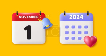 Illustration for Calendar date 3d icon. 1st day of the month icon. Event schedule date. Meeting appointment time. 1st day of November month. Calendar event reminder date. Vector - Royalty Free Image