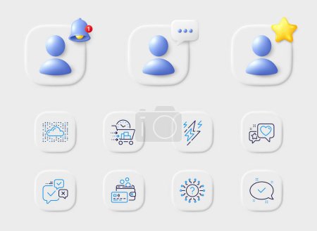 Illustration for Cloud system, Food delivery and Approved line icons. Placeholder with 3d star, reminder bell, chat. Pack of Lightning bolt, Heart, Card icon. Online voting, Question mark pictogram. Vector - Royalty Free Image