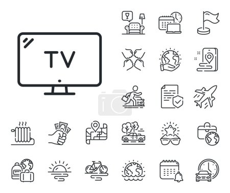 Illustration for Television sign. Plane jet, travel map and baggage claim outline icons. TV line icon. Hotel service symbol. Tv line sign. Car rental, taxi transport icon. Place location. Airport lounge. Vector - Royalty Free Image