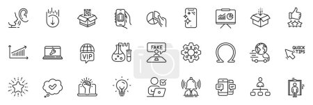 Illustration for Icons pack as Execute, Quick tips and Smartphone clean line icons for app include Vip internet, Whisper, Empower outline thin icon web set. Fake review, Get box, Omega pictogram. Vector - Royalty Free Image