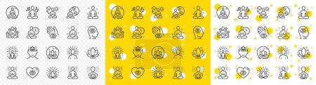 Illustration for Body balance, person relax and energy meditation set. Yoga meditation line icons. Mind harmony, health meditate and self concentrate line icons. Listen relax sound, yoga mind therapy. Vector - Royalty Free Image