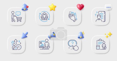 Illustration for Question button, Accounting and Buyer think line icons. Buttons with 3d bell, chat speech, cursor. Pack of Teamwork, Clapping hands, Difficult stress icon. Teacher, Survey pictogram. Vector - Royalty Free Image