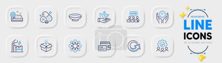 Illustration for Vitamin n, Dish and Teamwork line icons for web app. Pack of Execute, Electricity factory, Reload pictogram icons. Get box, Organic product, Safe time signs. Mattress guarantee, Wallet. Vector - Royalty Free Image