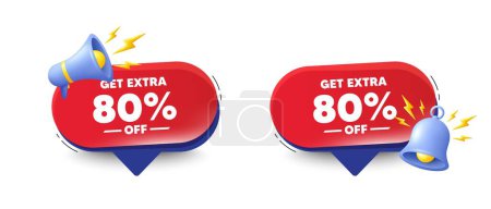 Illustration for Get Extra 80 percent off Sale. Speech bubbles with 3d bell, megaphone. Discount offer price sign. Special offer symbol. Save 80 percentages. Extra discount chat speech message. Vector - Royalty Free Image