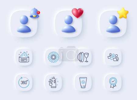 Illustration for Fan engine, Sunscreen and Clean bubbles line icons. Placeholder with 3d bell, star, heart. Pack of Dish plate, Teamwork, 360 degrees icon. Tested stamp, Skin cream pictogram. Vector - Royalty Free Image