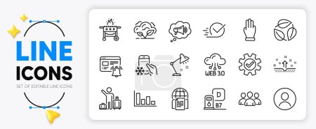 Illustration for Airport transfer, Refrigerator app and Table lamp line icons set for app include Internet notification, Checkbox, Three fingers outline thin icon. Co2 gas, Web3, Leaves pictogram icon. Vector - Royalty Free Image