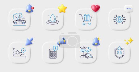 Illustration for Calculator, Pickup and Ph neutral line icons. Buttons with 3d bell, chat speech, cursor. Pack of Vacuum cleaner, Shopping cart, Fuel energy icon. Seo analysis, Bitcoin system pictogram. Vector - Royalty Free Image