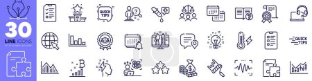 Illustration for Financial diagram, Electricity power and Court jury line icons pack. Chemistry pipette, Idea, Interview web icon. Strategy, Histogram, Help pictogram. Investment graph, Chat bubble. Vector - Royalty Free Image
