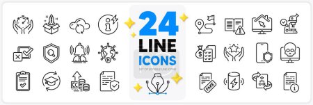 Illustration for Icons set of Checklist, Power info and Charge battery line icons pack for app with Inspect, Technical algorithm, Phone protect thin outline icon. Fake news, Continuing education. Vector - Royalty Free Image