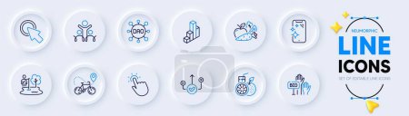Illustration for Dao, Bid offer and Touchpoint line icons for web app. Pack of Correct way, Inclusion, Vegetables pictogram icons. Orange juice, Fishing place, Smartphone clean signs. 3d chart. Vector - Royalty Free Image