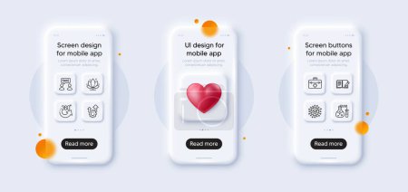 Illustration for Seo gear, Lotus and 360 degrees line icons pack. 3d phone mockups with heart. Glass smartphone screen. First aid, Coronavirus, Fake information web icon. Feedback, Chemistry lab pictogram. Vector - Royalty Free Image