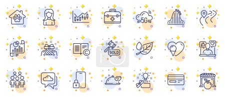 Illustration for Outline set of Woman, Pet shelter and Report document line icons for web app. Include Lock, Ice cream, Weather forecast pictogram icons. Credit card, Social media, Group people signs. Vector - Royalty Free Image