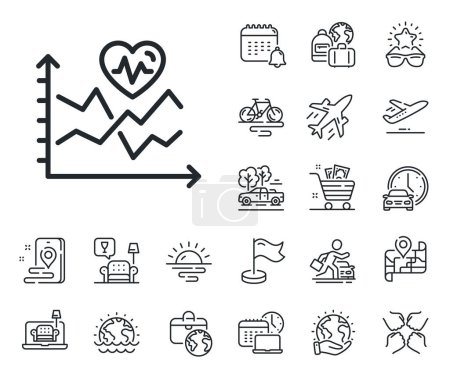 Illustration for Fat burning statistics sign. Plane jet, travel map and baggage claim outline icons. Cardio training chart line icon. Gym fit heartbeat symbol. Cardio training line sign. Vector - Royalty Free Image