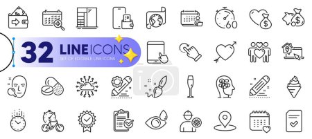 Illustration for Outline set of Time, Work home and Medical calendar line icons for web with Translation service, Eye drops, Checked file thin icon. Pin, Donation, Stress pictogram icon. Paint brush. Vector - Royalty Free Image