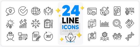 Illustration for Icons set of Chemistry dna, 360 degrees and Fair trade line icons pack for app with Article, Nasal test, Quick tips thin outline icon. Timer, Coronavirus, Ethics pictogram. Vector - Royalty Free Image