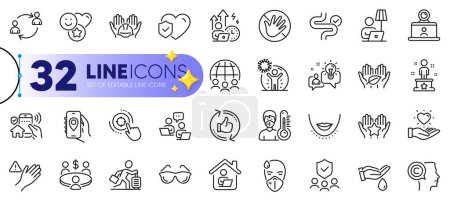 Illustration for Outline set of Success, Smile and Dont touch line icons for web with Writer, Fair trade, Video conference thin icon. Work home, Coronavirus protection, Difficult stress pictogram icon. Vector - Royalty Free Image